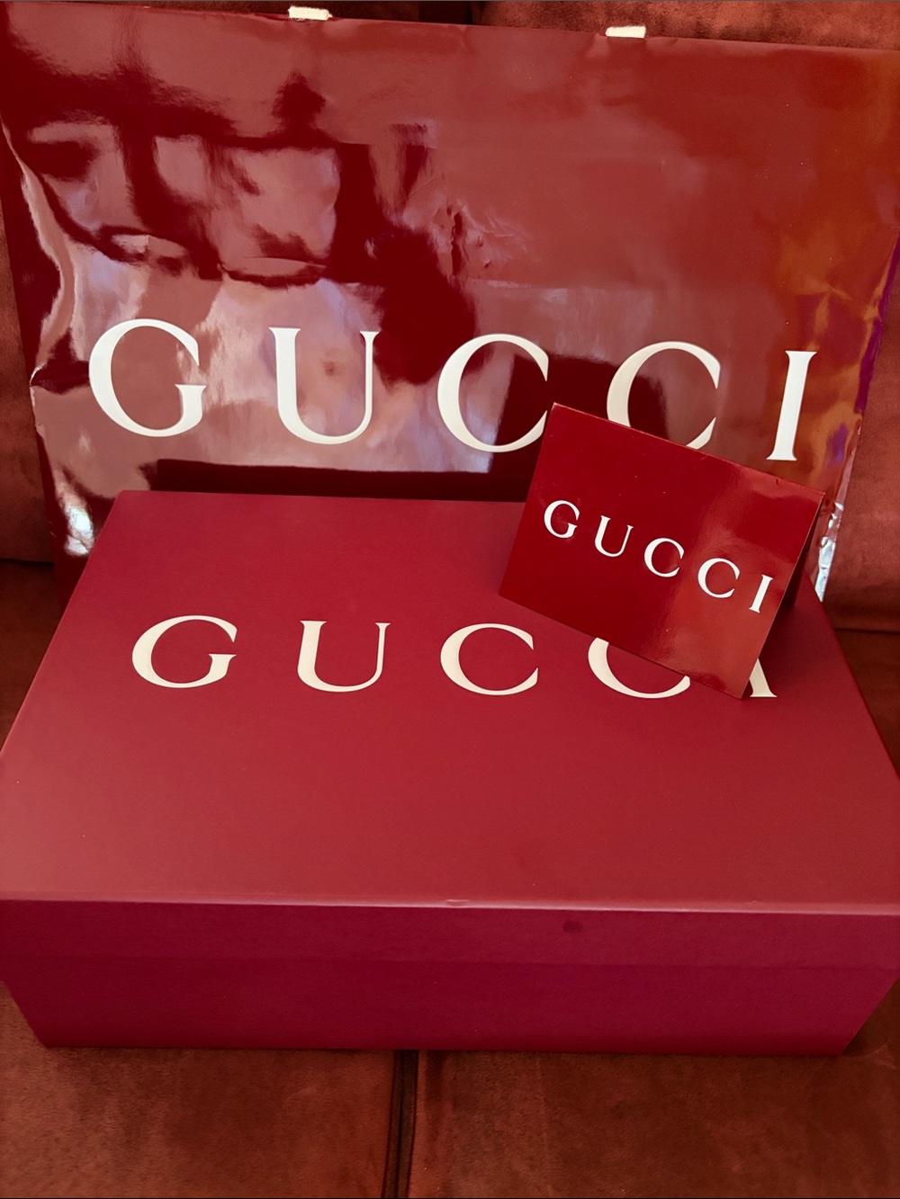 Gucci Burgundy and Cream Logo Bag, Box & Gift Receipt Set
